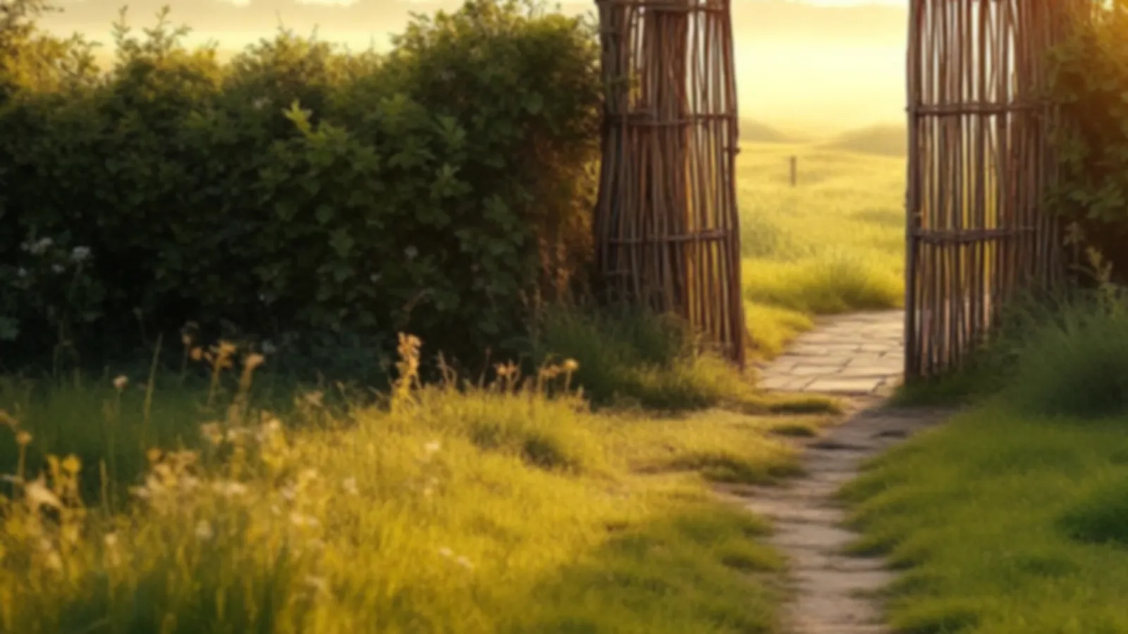 Morning light over a woven willow gate and a quiet meadow, for WickerGate requests from $100 to $5,000